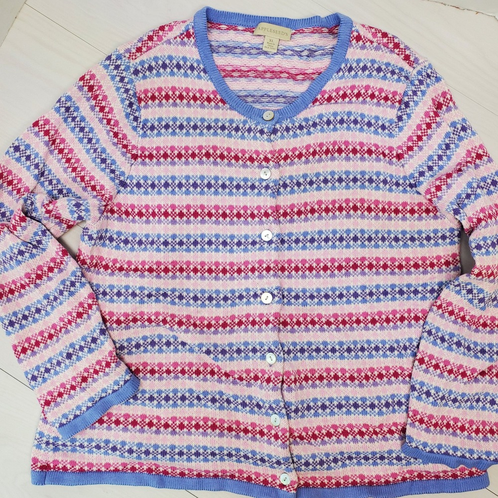 Appleseeds Womens XL Pink Purple Blue Fair Isle Cotton Button Front Cardigan
